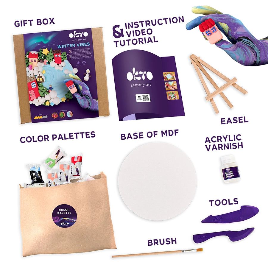 Winter themed 3D clay modeling kit contents - clay, tools, wooden base and easel
